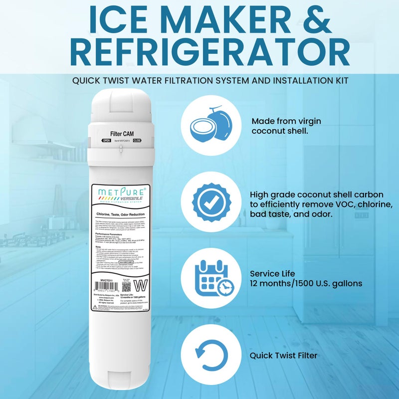 Metpure Versatile Inline MVCTO11-KIT Quick Twist Water Filter 1/4" for Refrigerator, Ice Maker, Coffee Maker, Reduces Bad Taste, Odor, Chlorine in Drinking Water. Complete Kit. - Image 5